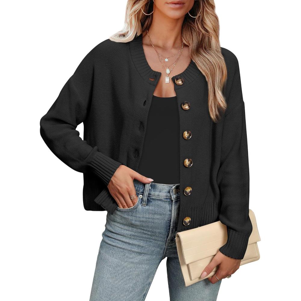 imageANRABESS Women Knit Cardigans Sweater Open Front Button Down Long Sleeve Cropped Lady Jacket Outwear 2025 Fall OutfitsBlack