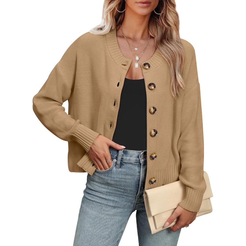 imageANRABESS Women Knit Cardigans Sweater Open Front Button Down Long Sleeve Cropped Lady Jacket Outwear 2025 Fall OutfitsKhaki
