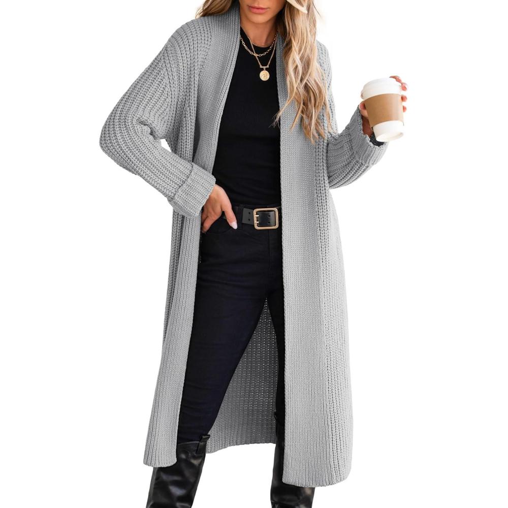 imageANRABESS Women Knit Long Cardigan Long Sleeve Open Front Lapel Oversized Sweater Coat 2025 Fall Duster Outerwear ClothesGrey