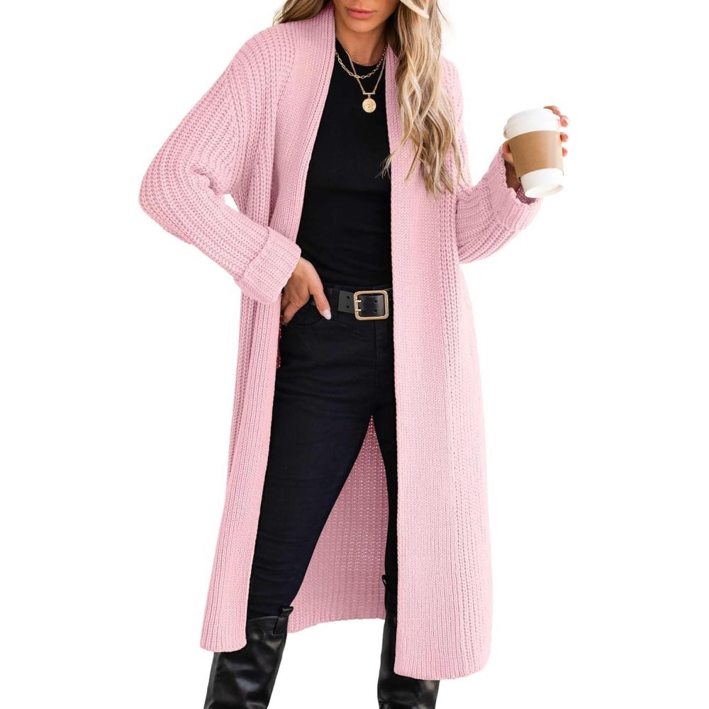 imageANRABESS Women Knit Long Cardigan Long Sleeve Open Front Lapel Oversized Sweater Coat 2025 Fall Duster Outerwear ClothesPink