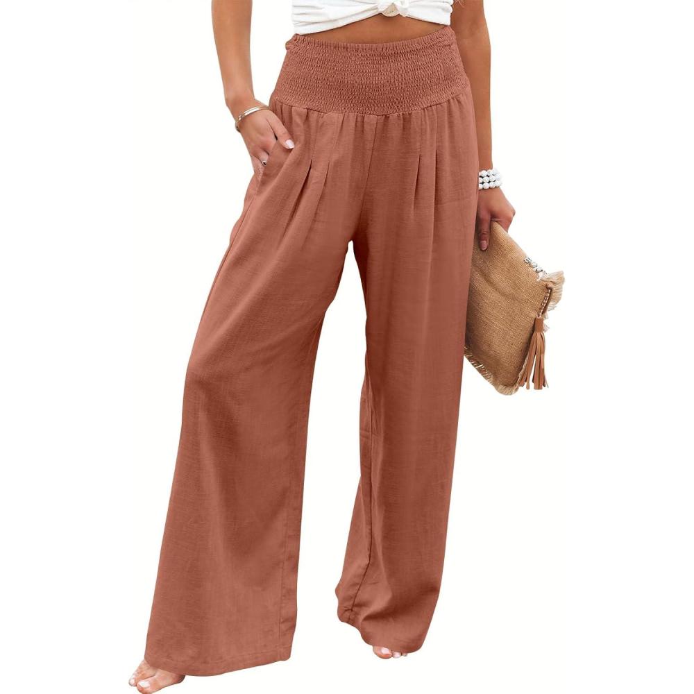 imageANRABESS Women Linen Palazzo Pants Summer Boho Wide Leg High Waist Casual Lounge Pant 2025 Beach Travel Vacation OutfitsBrick Red