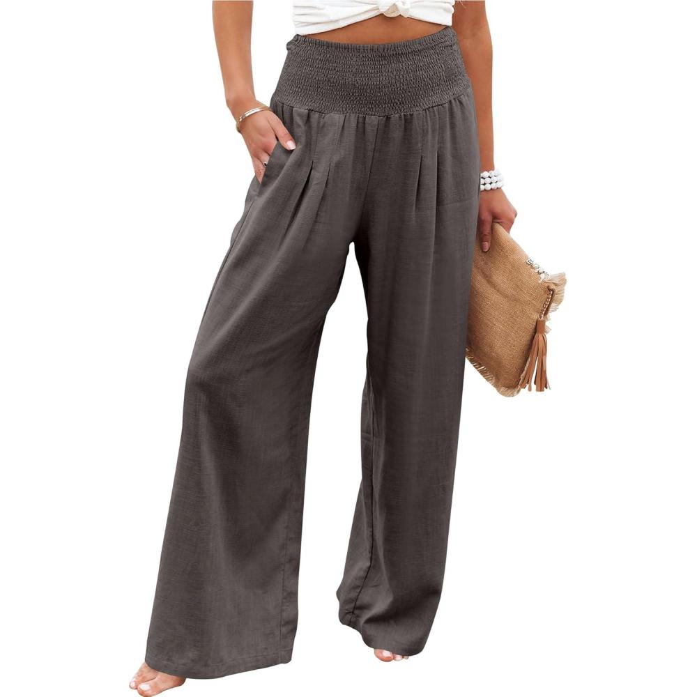 imageANRABESS Women Linen Palazzo Pants Summer Boho Wide Leg High Waist Casual Lounge Pant 2025 Beach Travel Vacation OutfitsCoffee
