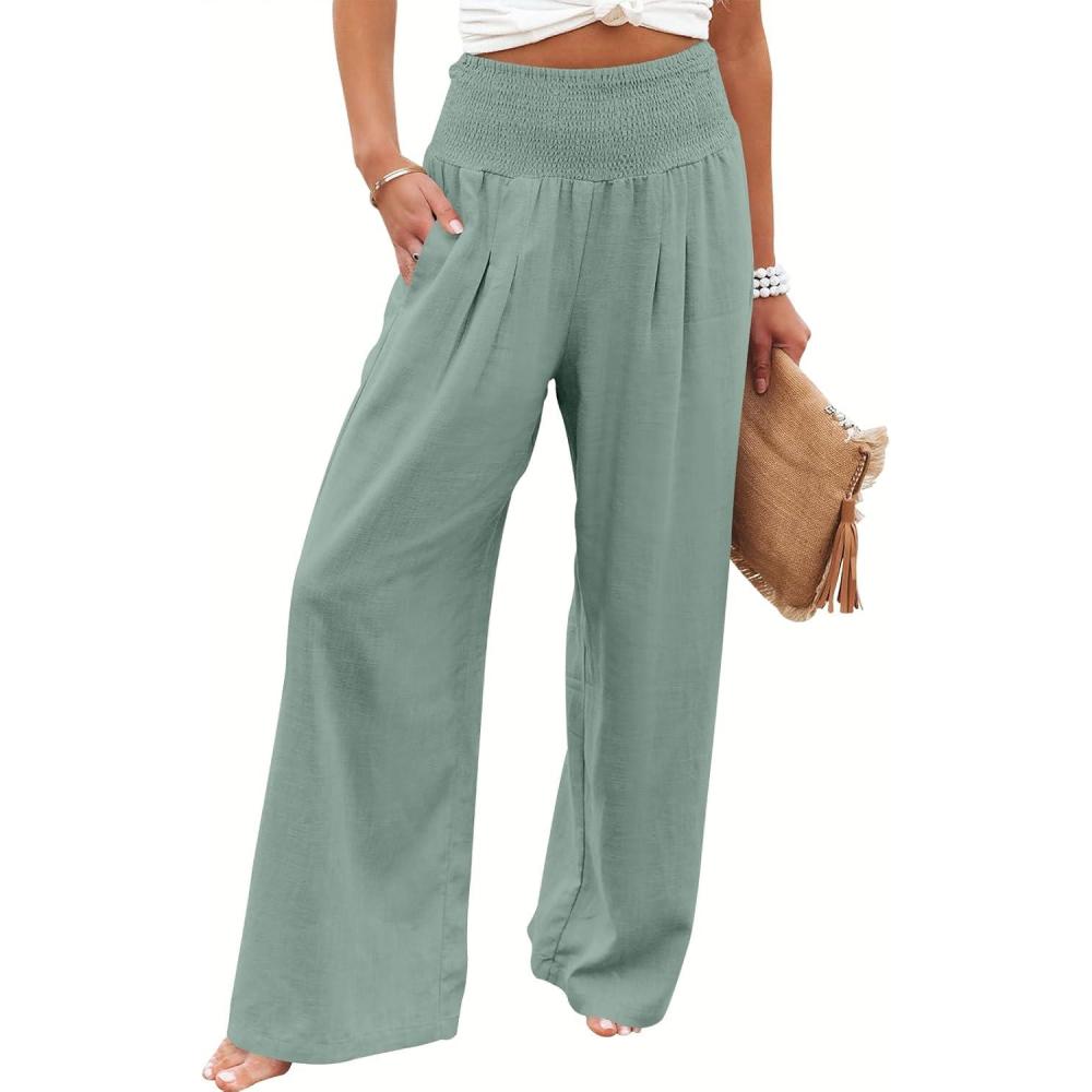 imageANRABESS Women Linen Palazzo Pants Summer Boho Wide Leg High Waist Casual Lounge Pant 2025 Beach Travel Vacation OutfitsGreen Blue