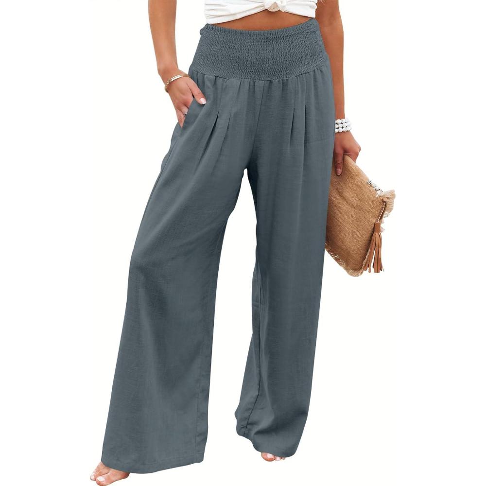 imageANRABESS Women Linen Palazzo Pants Summer Boho Wide Leg High Waist Casual Lounge Pant 2025 Beach Travel Vacation OutfitsGrey