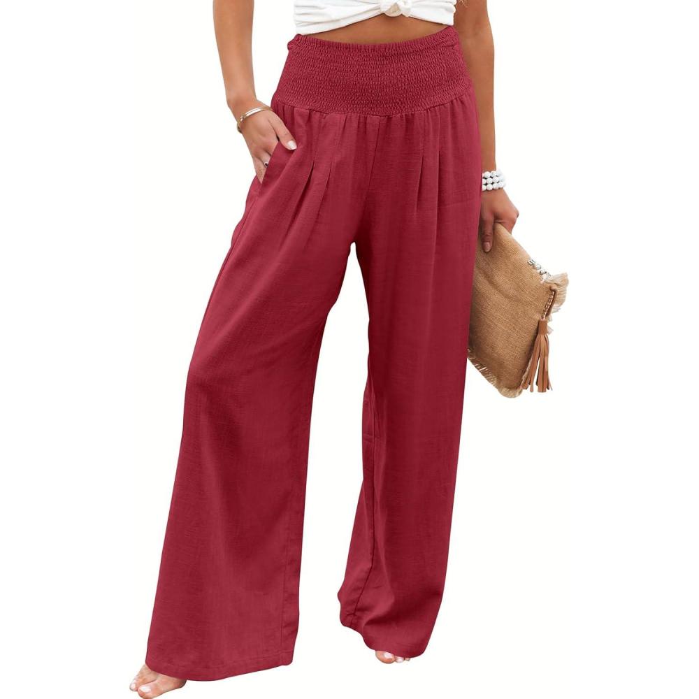imageANRABESS Women Linen Palazzo Pants Summer Boho Wide Leg High Waist Casual Lounge Pant 2025 Beach Travel Vacation OutfitsRed