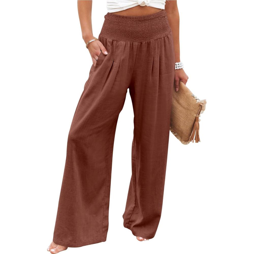 imageANRABESS Women Linen Palazzo Pants Summer Boho Wide Leg High Waist Casual Lounge Pant 2025 Beach Travel Vacation OutfitsRed Brown