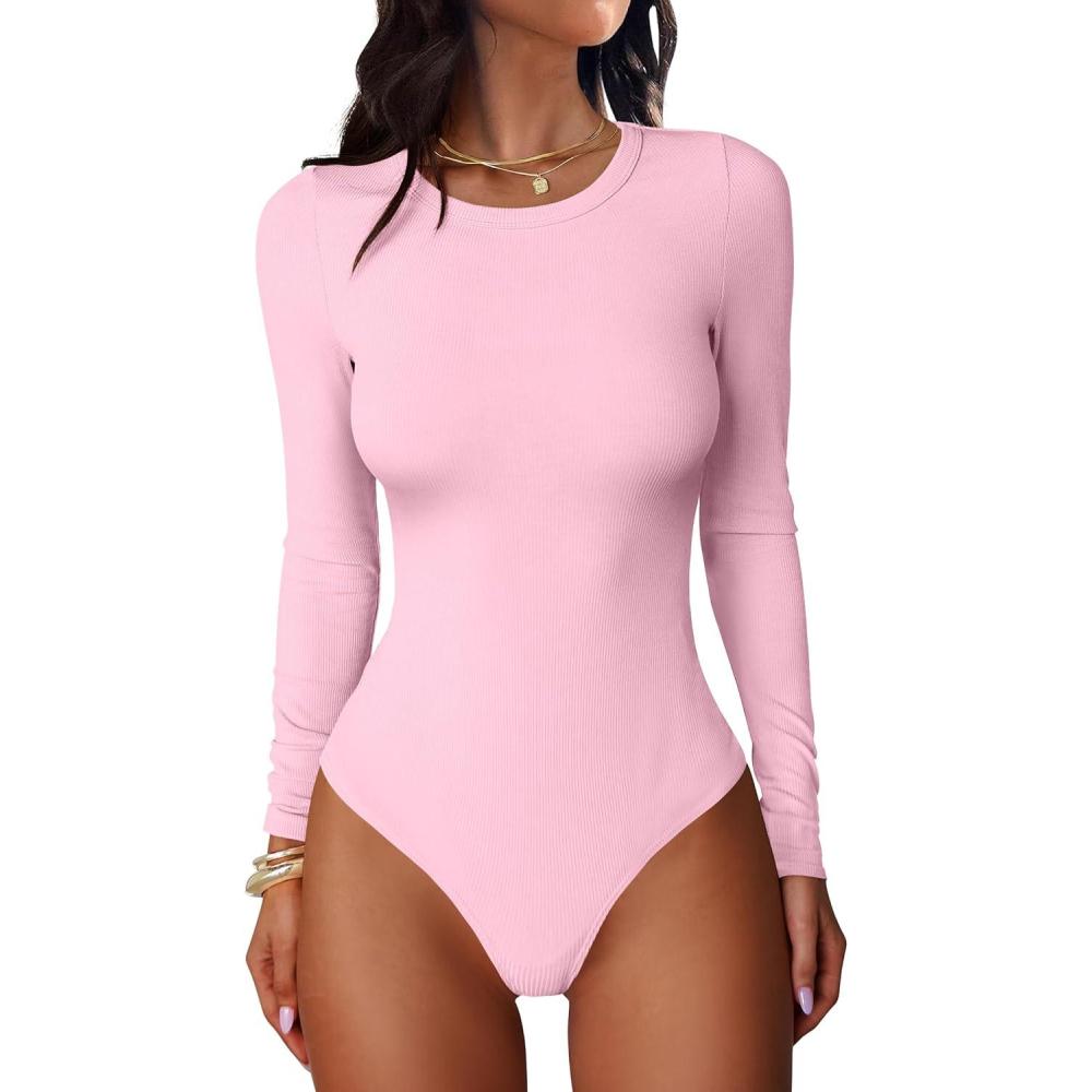 imageANRABESS Women Long Sleeve Crew Neck Bodysuits Top 2025 Fall Slim Fit Ribbed Knit Soft Basic Tee ShirtsBright Pink