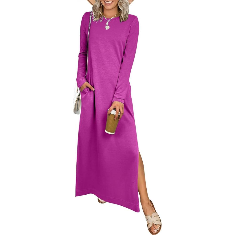 imageANRABESS Women Long Sleeve Dresses 2025 Fall Casual Crewneck Loose Fit Split Flowy WrinkleFree Travel Vacation Maxi DressPurple Red