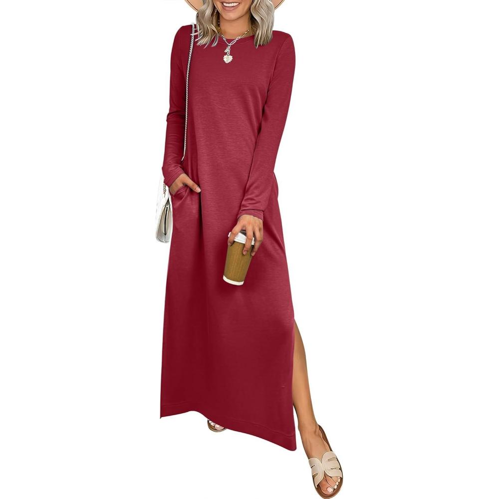 imageANRABESS Women Long Sleeve Dresses 2025 Fall Casual Crewneck Loose Fit Split Flowy WrinkleFree Travel Vacation Maxi DressWine Red