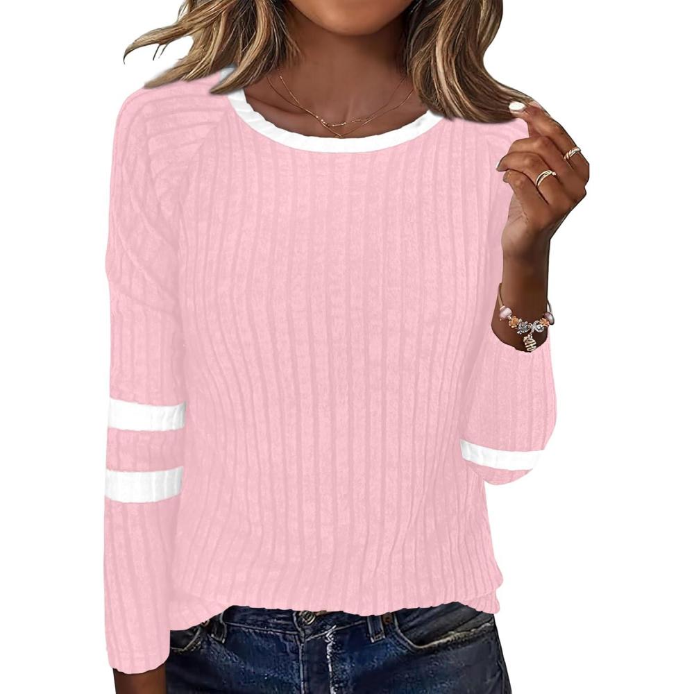 imageANRABESS Women Long Sleeve Tops Color Block Casual Shirts Lightweight Sweaters Fall Fashion Outfits 2025 Teen Girls ClothesPinkwhite