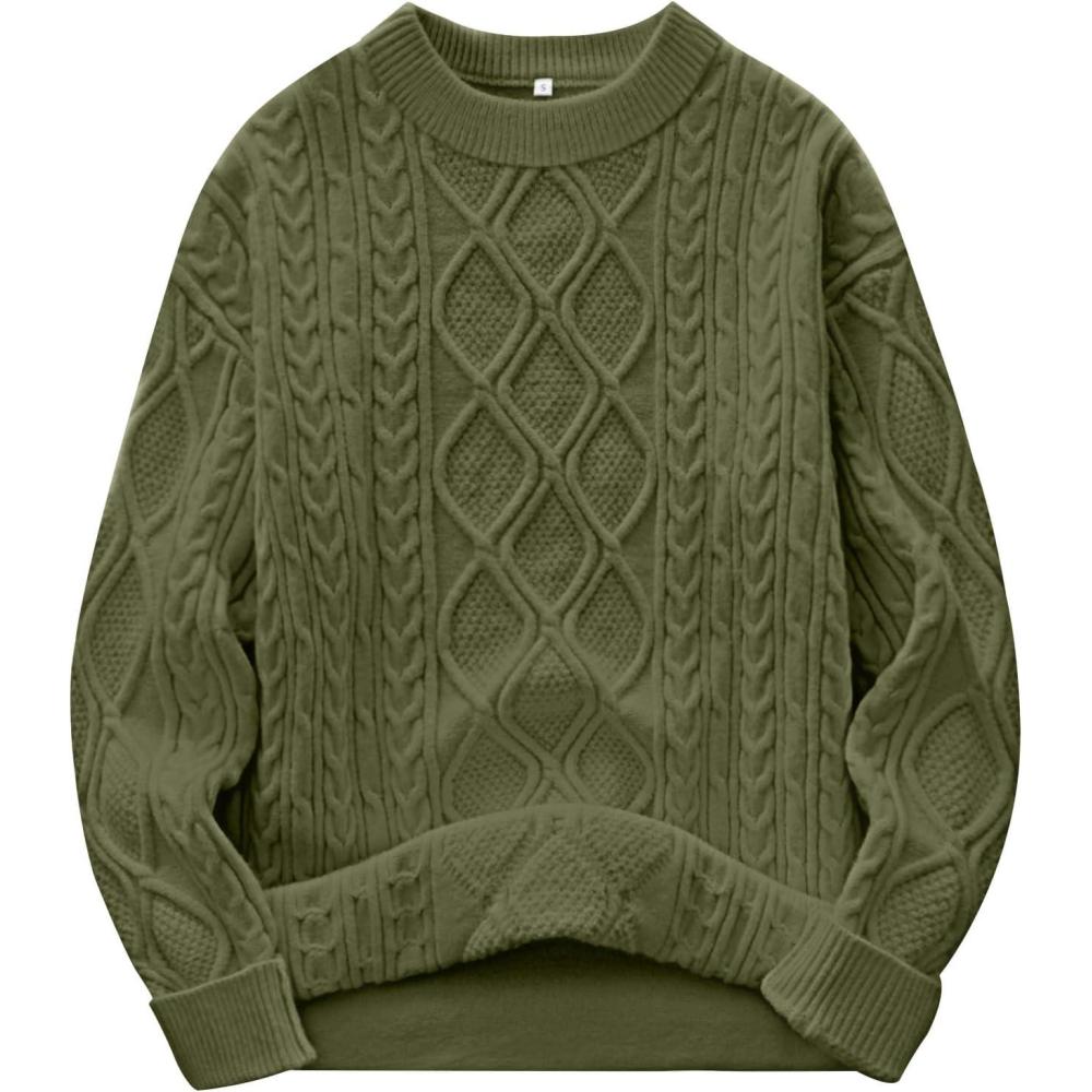 imageANRABESS Women Oversized Chunky Cable Knitted Vintage Sweater 2025 Fall Winter OutfitsArmy Green
