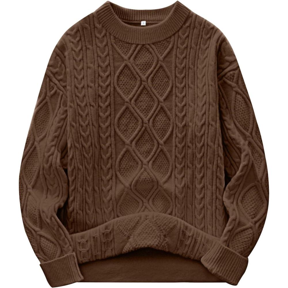 imageANRABESS Women Oversized Chunky Cable Knitted Vintage Sweater 2025 Fall Winter OutfitsBrown