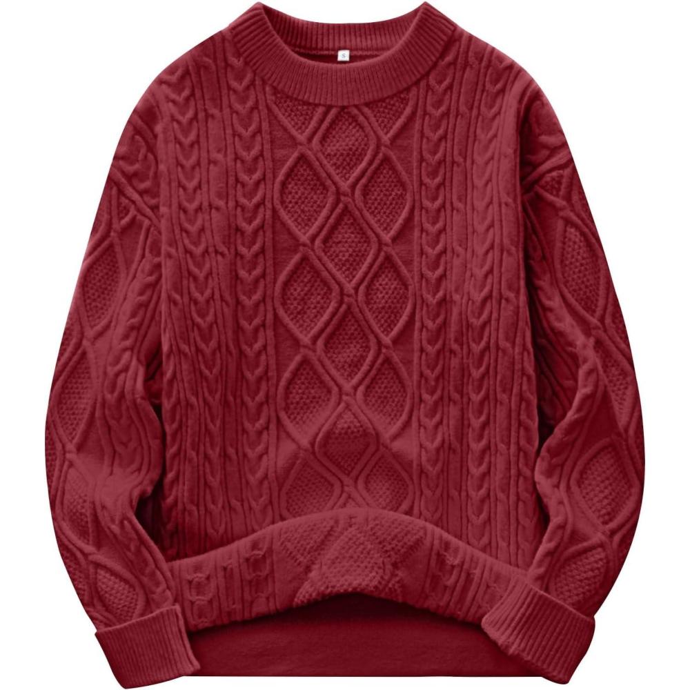 imageANRABESS Women Oversized Chunky Cable Knitted Vintage Sweater 2025 Fall Winter OutfitsDeep Red