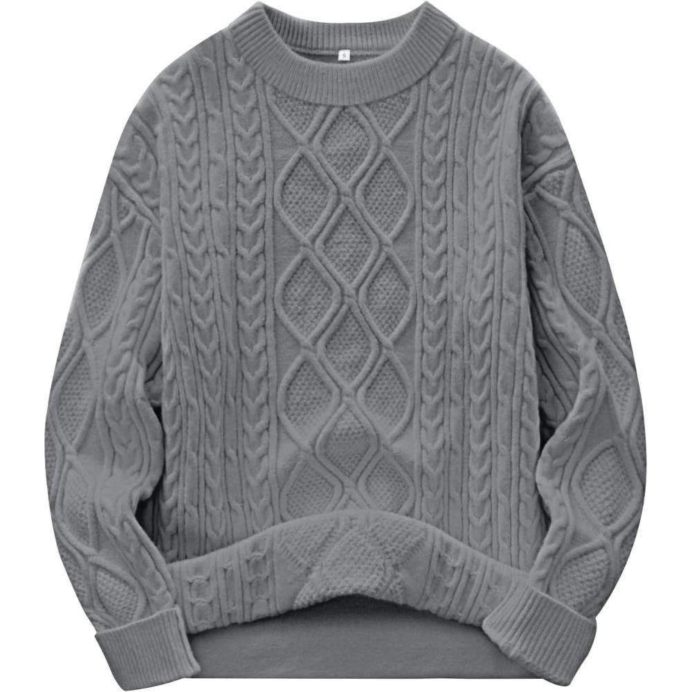 imageANRABESS Women Oversized Chunky Cable Knitted Vintage Sweater 2025 Fall Winter OutfitsLight Grey