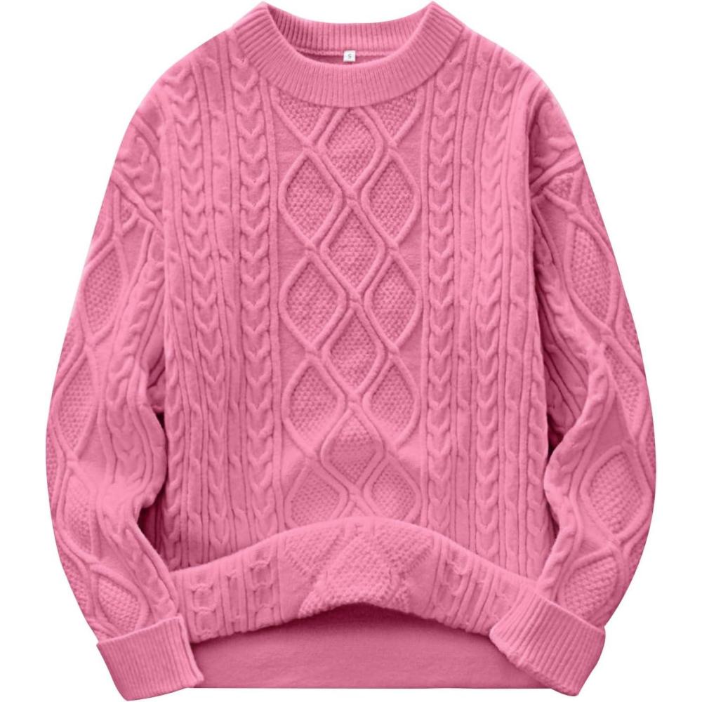 imageANRABESS Women Oversized Chunky Cable Knitted Vintage Sweater 2025 Fall Winter OutfitsPink