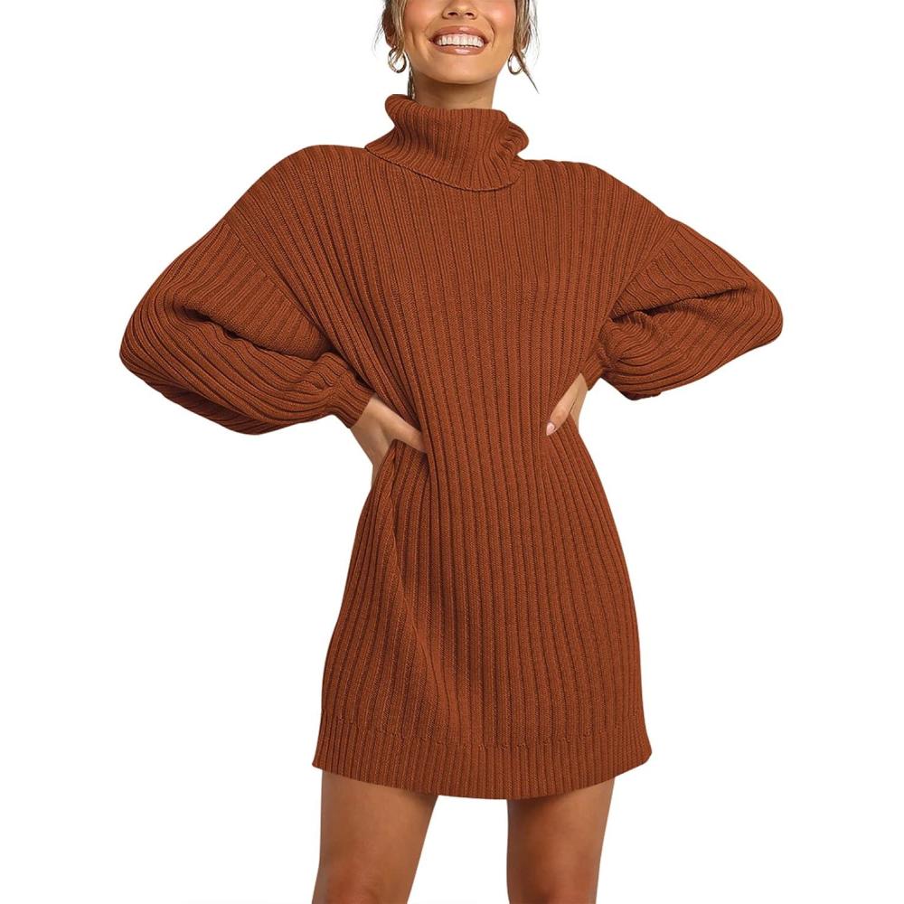 imageANRABESS Women Oversized Sweater Dress Turtleneck Batwing Long Sleeve Ribbed Knit Loose 2025 Fall Winter Casual Short DressCaramel