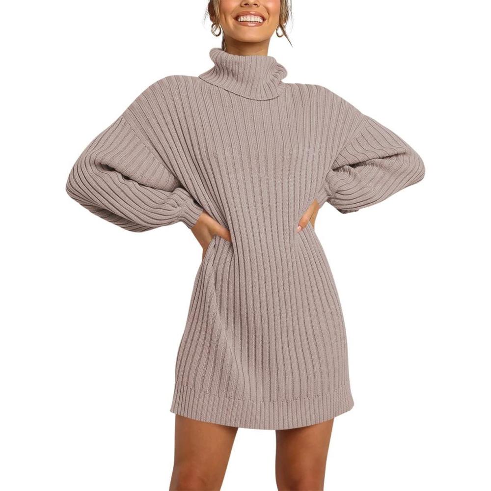 imageANRABESS Women Oversized Sweater Dress Turtleneck Batwing Long Sleeve Ribbed Knit Loose 2025 Fall Winter Casual Short DressPink Apricot