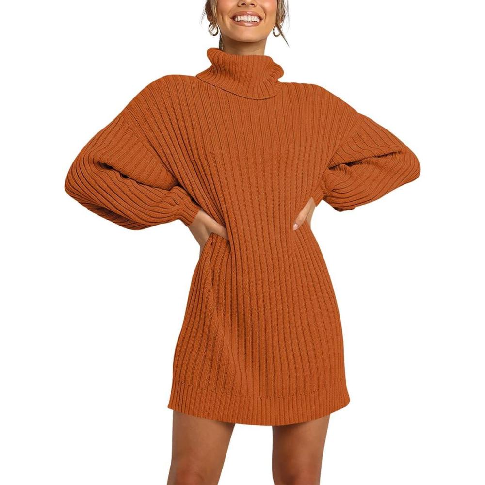 imageANRABESS Women Oversized Sweater Dress Turtleneck Batwing Long Sleeve Ribbed Knit Loose 2025 Fall Winter Casual Short DressPumpkin
