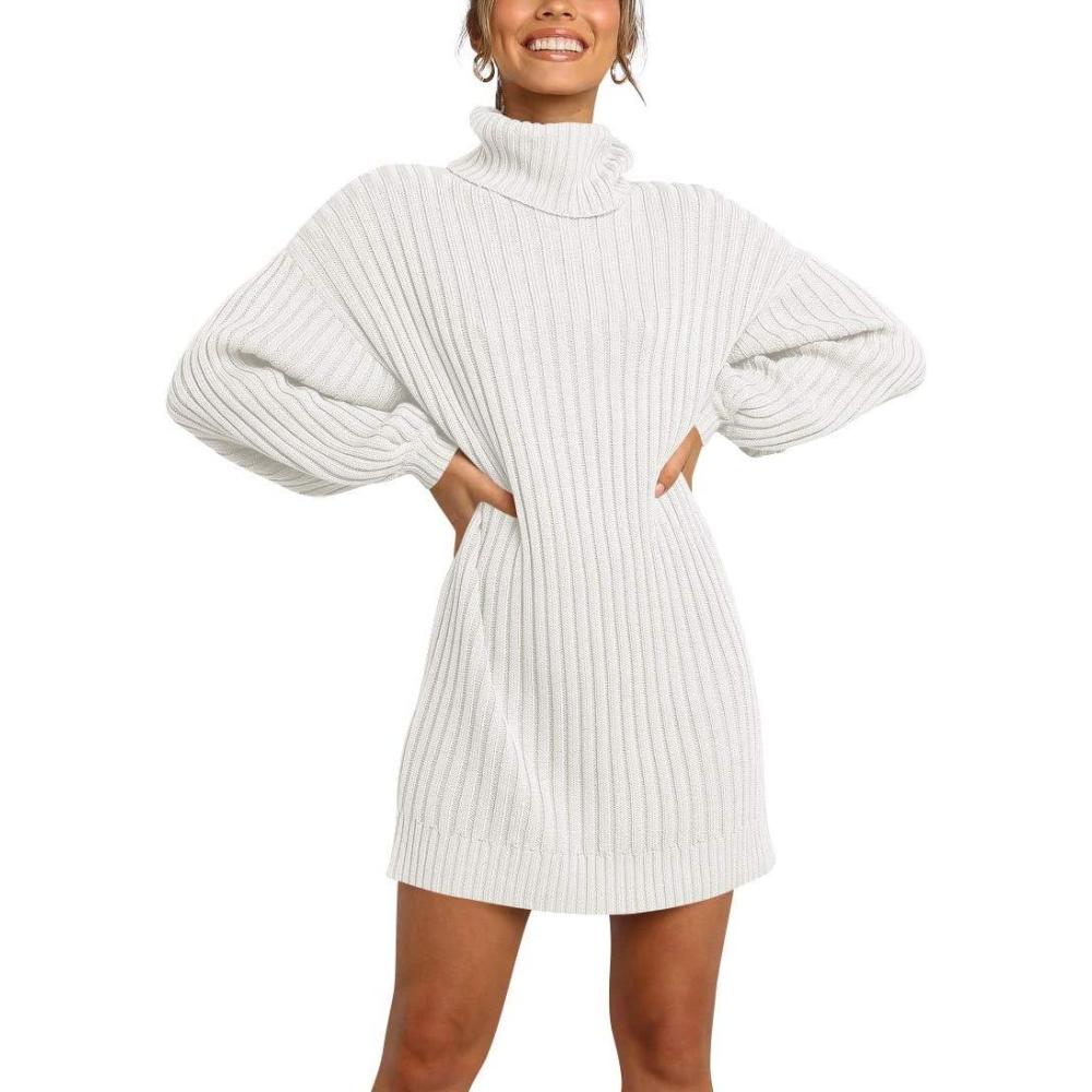 imageANRABESS Women Oversized Sweater Dress Turtleneck Batwing Long Sleeve Ribbed Knit Loose 2025 Fall Winter Casual Short DressWhite