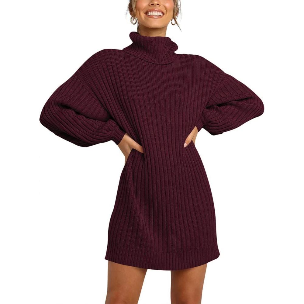 imageANRABESS Women Oversized Sweater Dress Turtleneck Batwing Long Sleeve Ribbed Knit Loose 2025 Fall Winter Casual Short DressWine