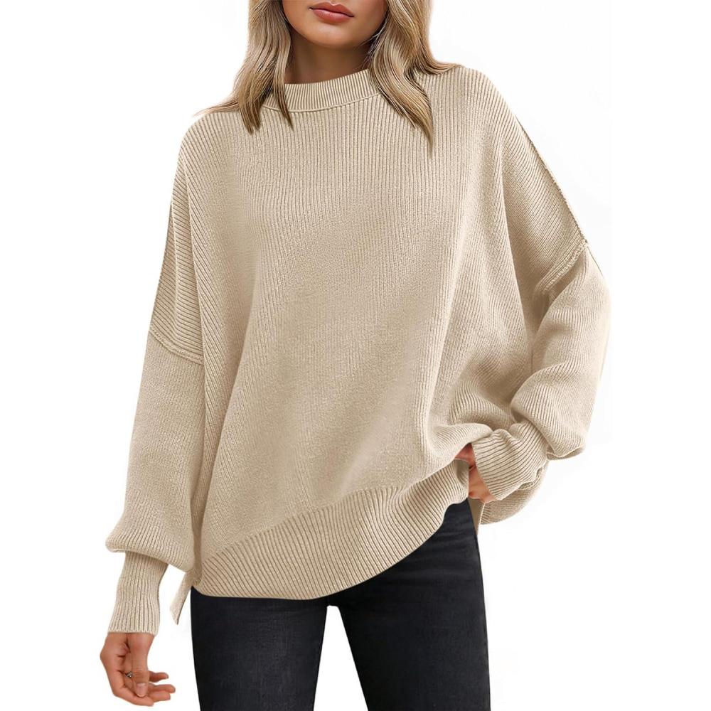 imageANRABESS Women Oversized Sweaters Batwing Long Sleeve 2025 Fall Outfits Crewneck Casual Knit Side Slit Fashion Pullover TopApricot