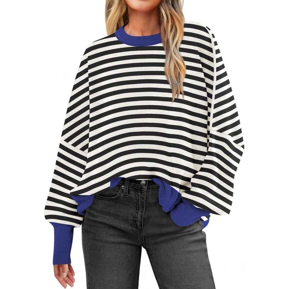 imageANRABESS Women Oversized Sweaters Batwing Long Sleeve 2025 Fall Outfits Crewneck Casual Knit Side Slit Fashion Pullover TopBlack White