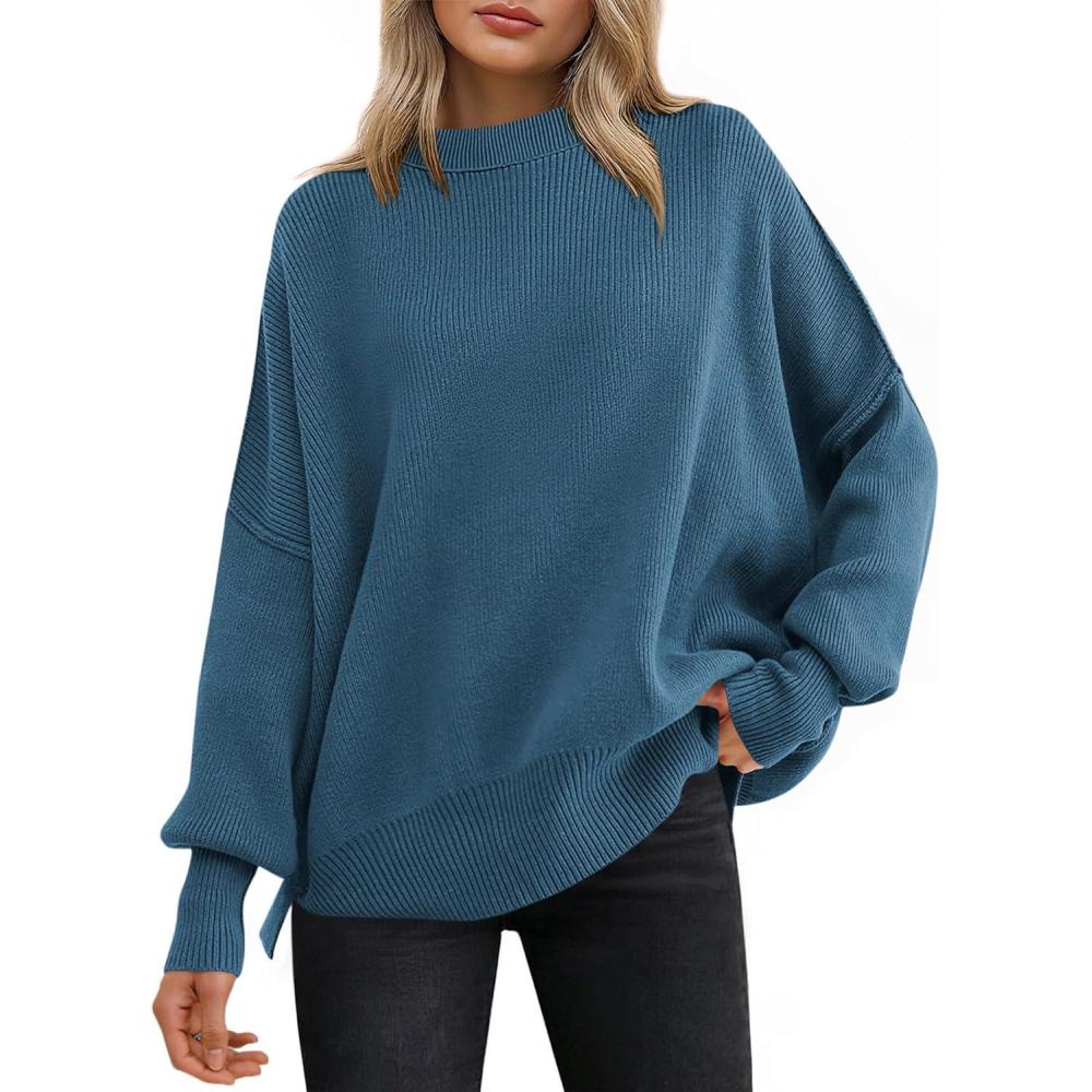 imageANRABESS Women Oversized Sweaters Batwing Long Sleeve 2025 Fall Outfits Crewneck Casual Knit Side Slit Fashion Pullover TopBlue