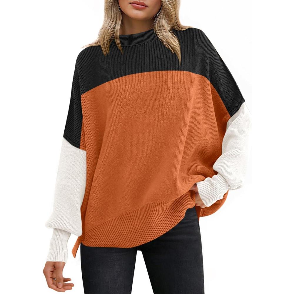 imageANRABESS Women Oversized Sweaters Batwing Long Sleeve 2025 Fall Outfits Crewneck Casual Knit Side Slit Fashion Pullover TopColorblock Orange