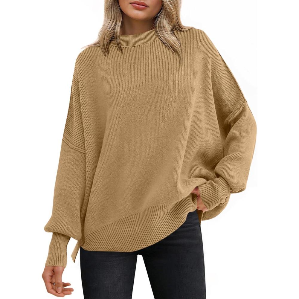 imageANRABESS Women Oversized Sweaters Batwing Long Sleeve 2025 Fall Outfits Crewneck Casual Knit Side Slit Fashion Pullover TopDeep Apricot