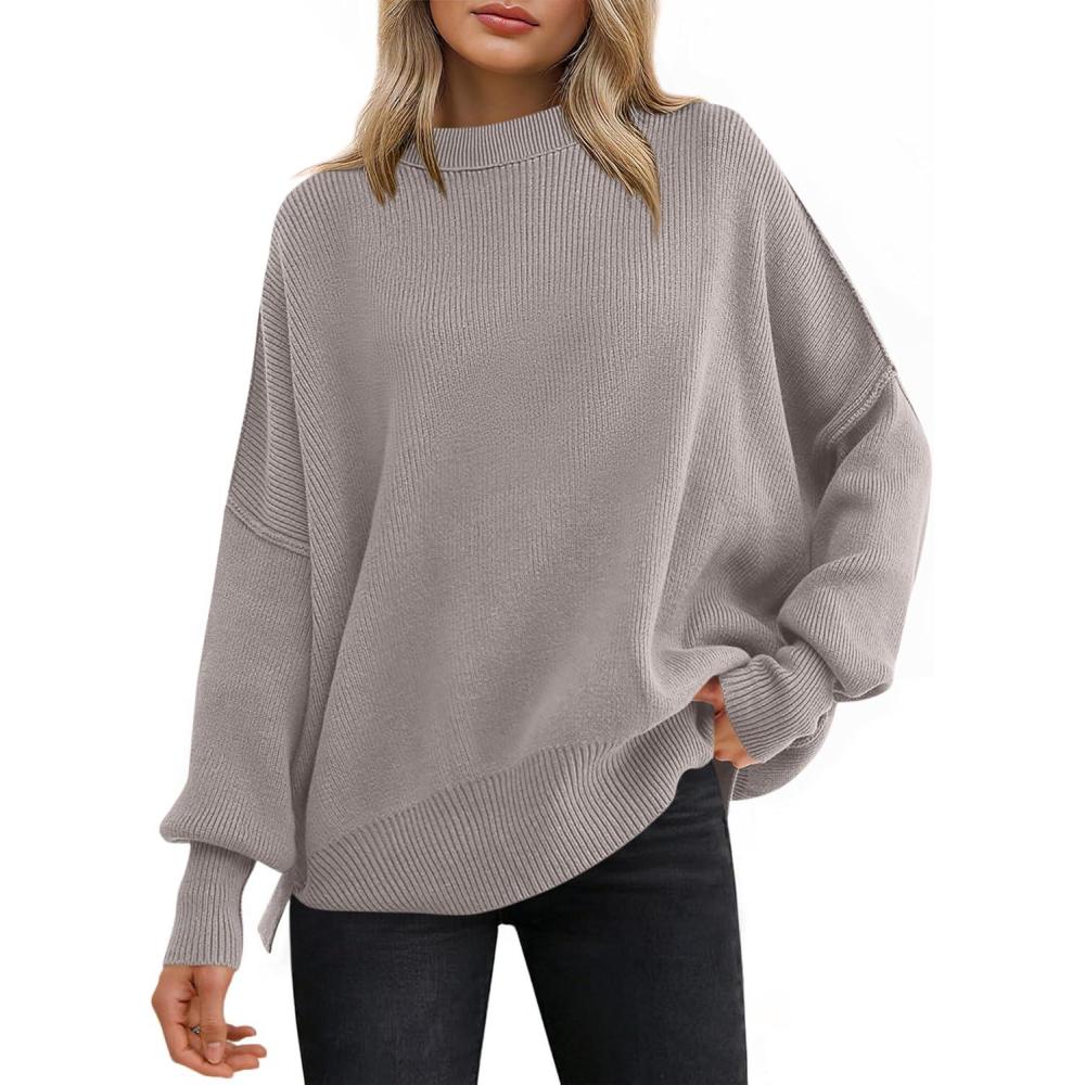 imageANRABESS Women Oversized Sweaters Batwing Long Sleeve 2025 Fall Outfits Crewneck Casual Knit Side Slit Fashion Pullover TopLight Grey Khaki