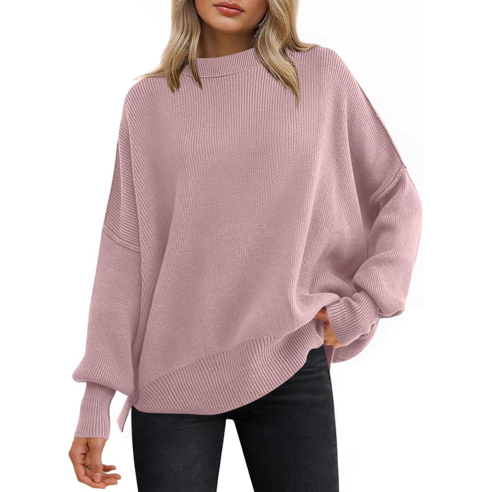 imageANRABESS Women Oversized Sweaters Batwing Long Sleeve 2025 Fall Outfits Crewneck Casual Knit Side Slit Fashion Pullover TopPink