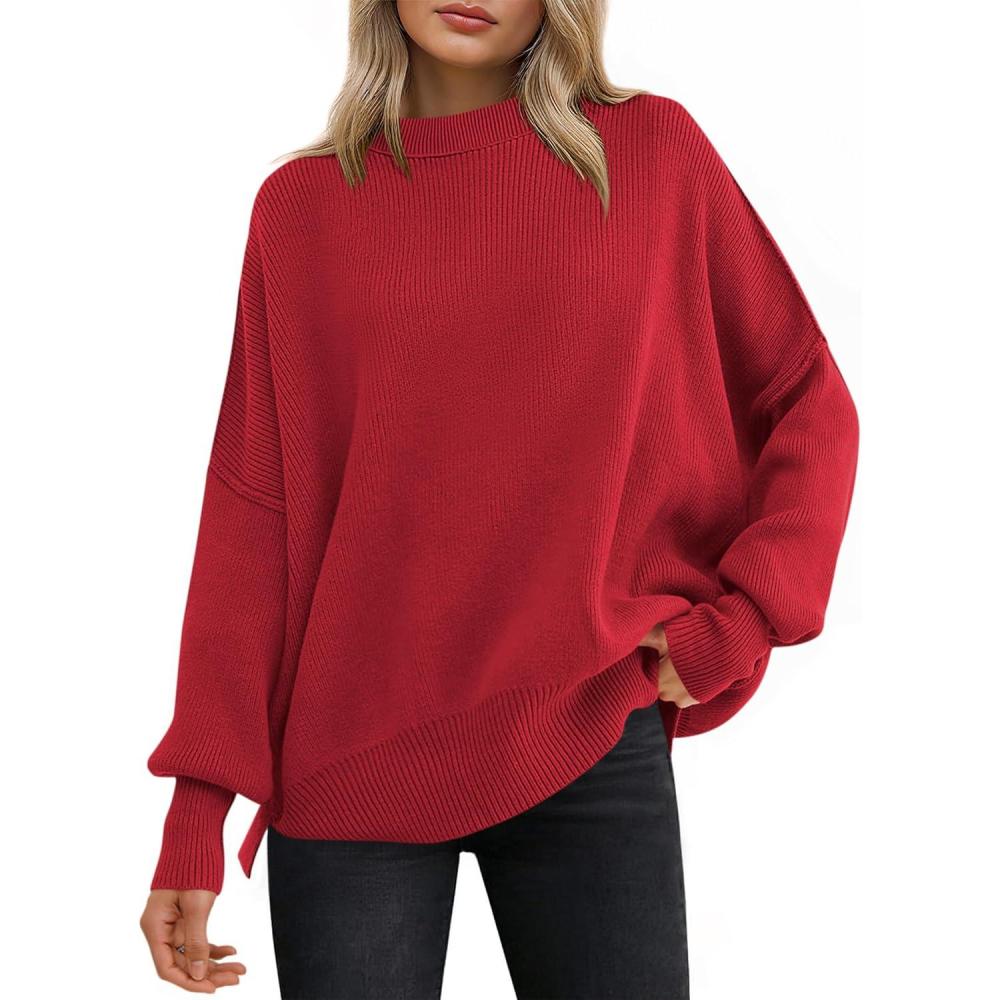 imageANRABESS Women Oversized Sweaters Batwing Long Sleeve 2025 Fall Outfits Crewneck Casual Knit Side Slit Fashion Pullover TopRed