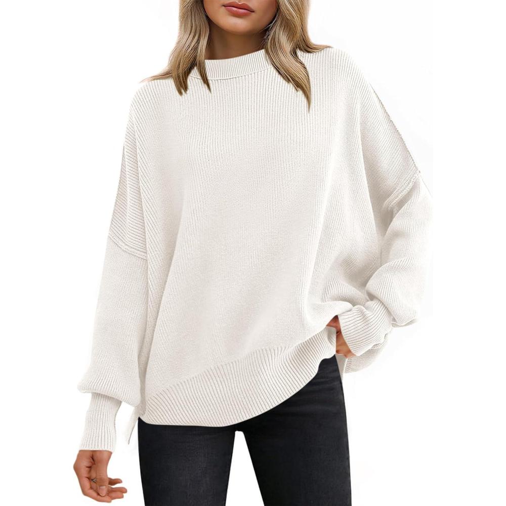 imageANRABESS Women Oversized Sweaters Batwing Long Sleeve 2025 Fall Outfits Crewneck Casual Knit Side Slit Fashion Pullover TopWhite