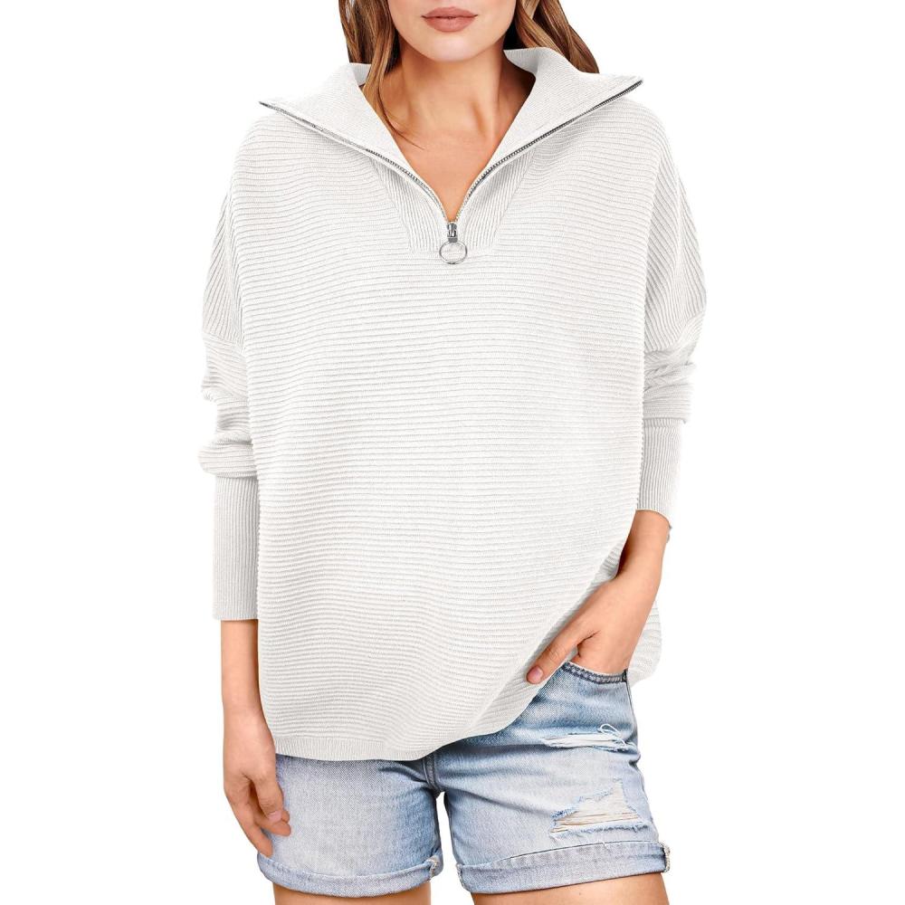 imageANRABESS Women Quarter Zip Oversized Casual Loose Rib Knit Cozy Pullover Sweaters Top 2025 Fall Fashion Outfits ClothesCream White