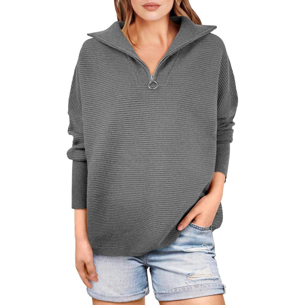 imageANRABESS Women Quarter Zip Oversized Casual Loose Rib Knit Cozy Pullover Sweaters Top 2025 Fall Fashion Outfits ClothesDark Grey