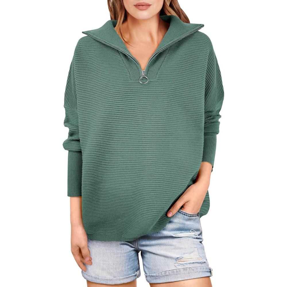 imageANRABESS Women Quarter Zip Oversized Casual Loose Rib Knit Cozy Pullover Sweaters Top 2025 Fall Fashion Outfits ClothesGreen