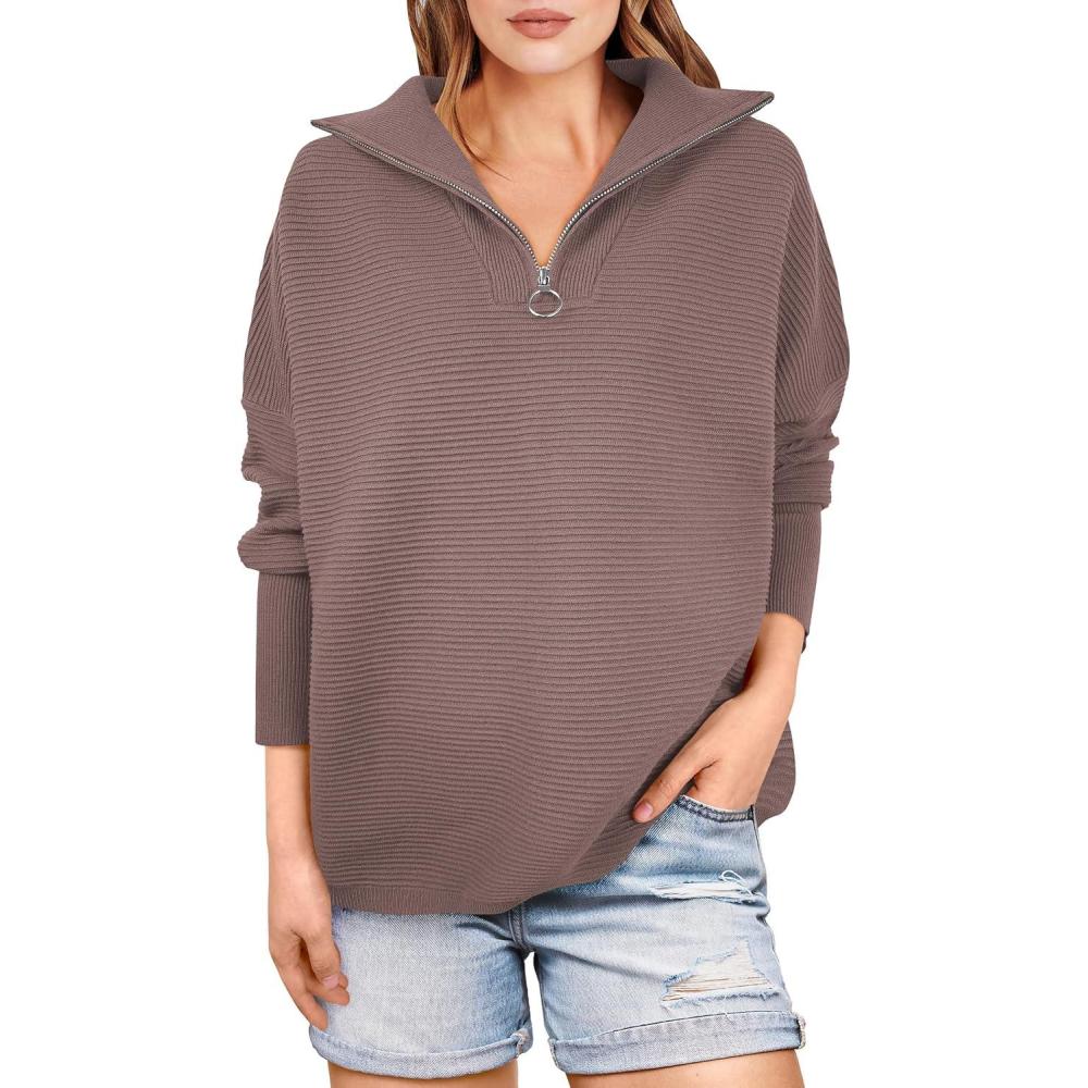 imageANRABESS Women Quarter Zip Oversized Casual Loose Rib Knit Cozy Pullover Sweaters Top 2025 Fall Fashion Outfits ClothesNutmeg