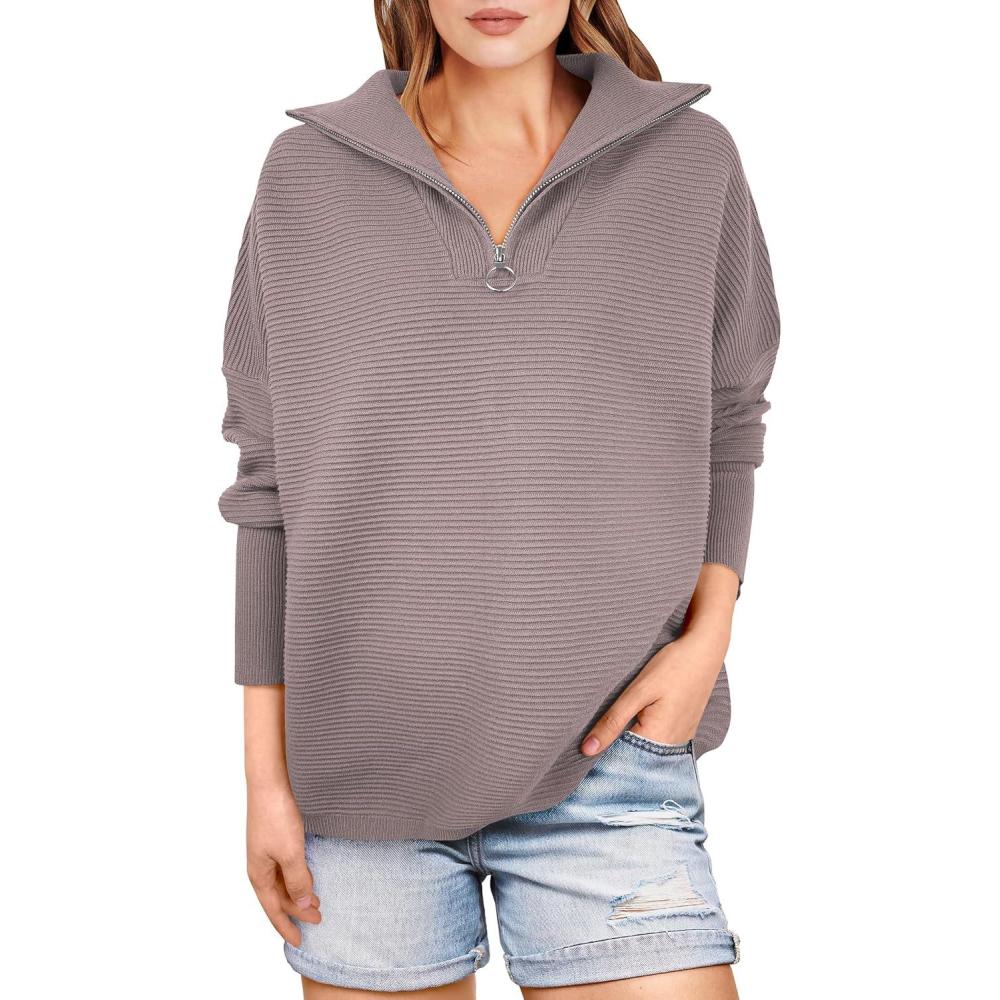imageANRABESS Women Quarter Zip Oversized Casual Loose Rib Knit Cozy Pullover Sweaters Top 2025 Fall Fashion Outfits ClothesRed Apricot