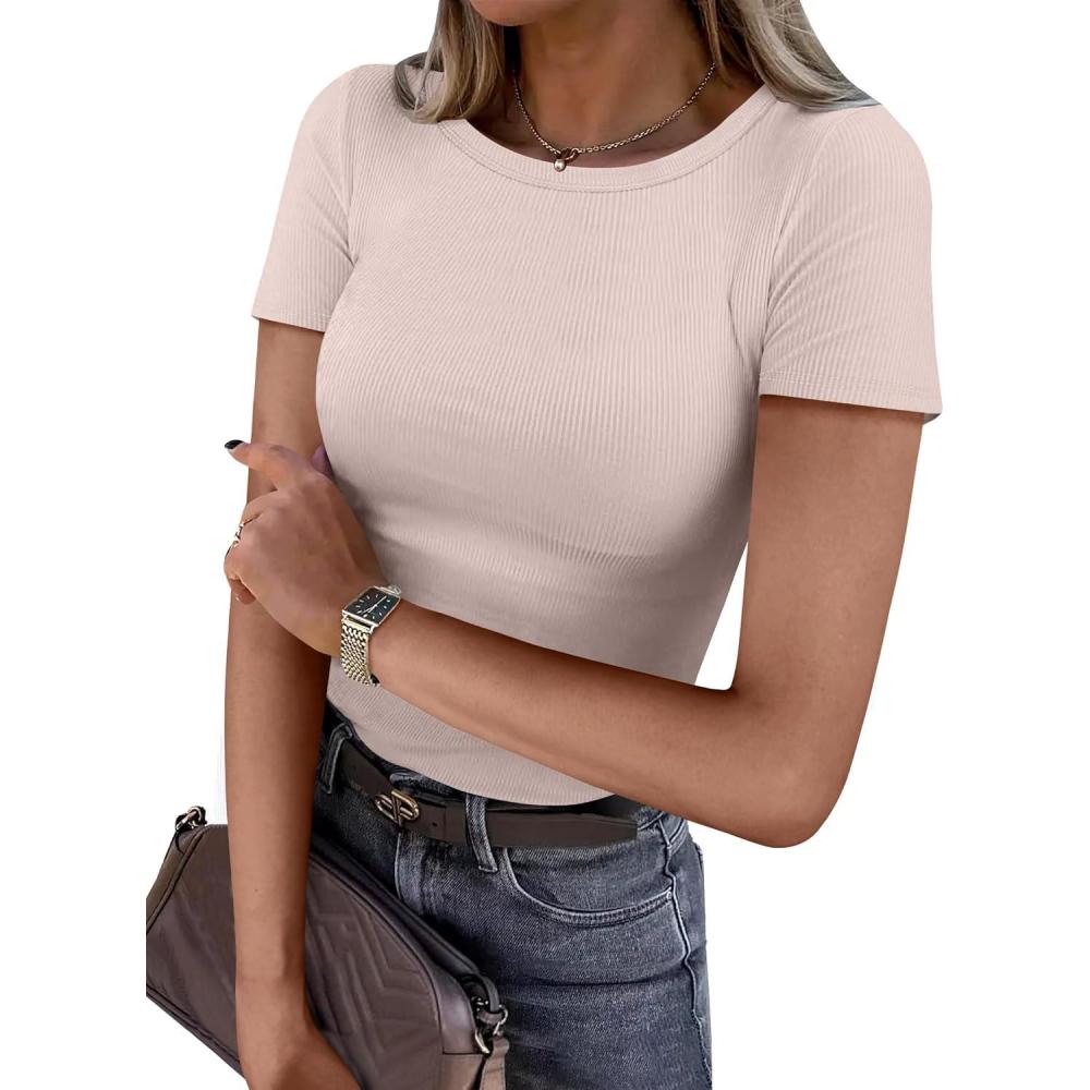 imageANRABESS Women Short Sleeve Crewneck Ribbed Knit Slim Fitted Shirts Summer Tops Basic Tee Casual 2025 Fall Outfits ClothesApricot