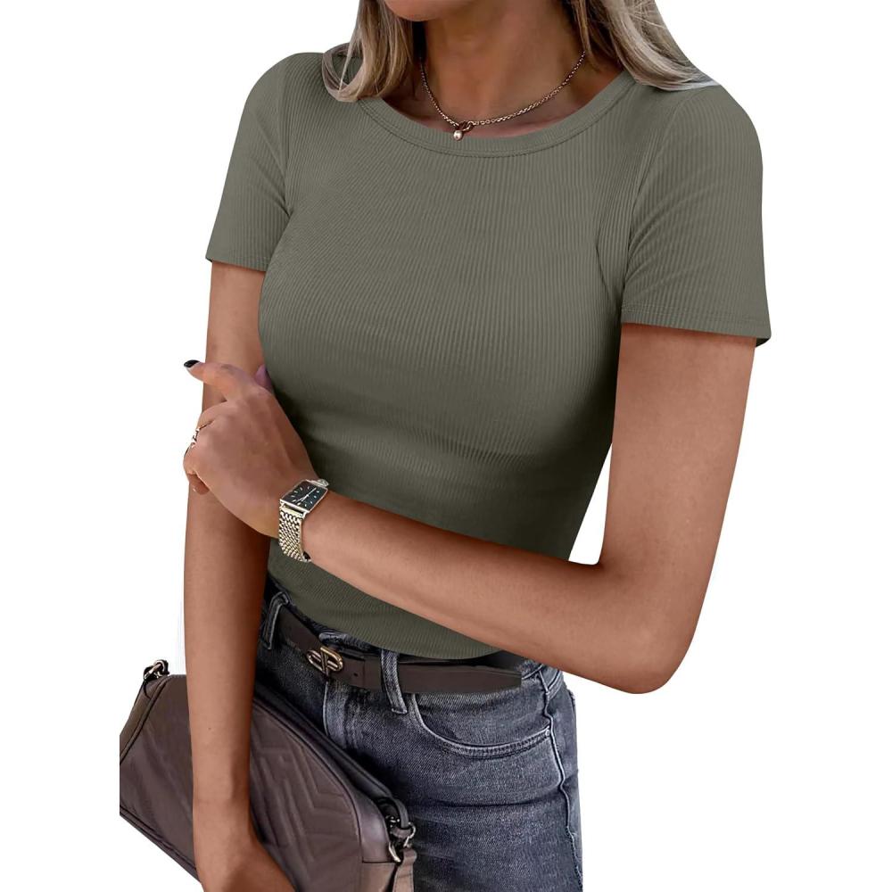 imageANRABESS Women Short Sleeve Crewneck Ribbed Knit Slim Fitted Shirts Summer Tops Basic Tee Casual 2025 Fall Outfits ClothesArmy Green
