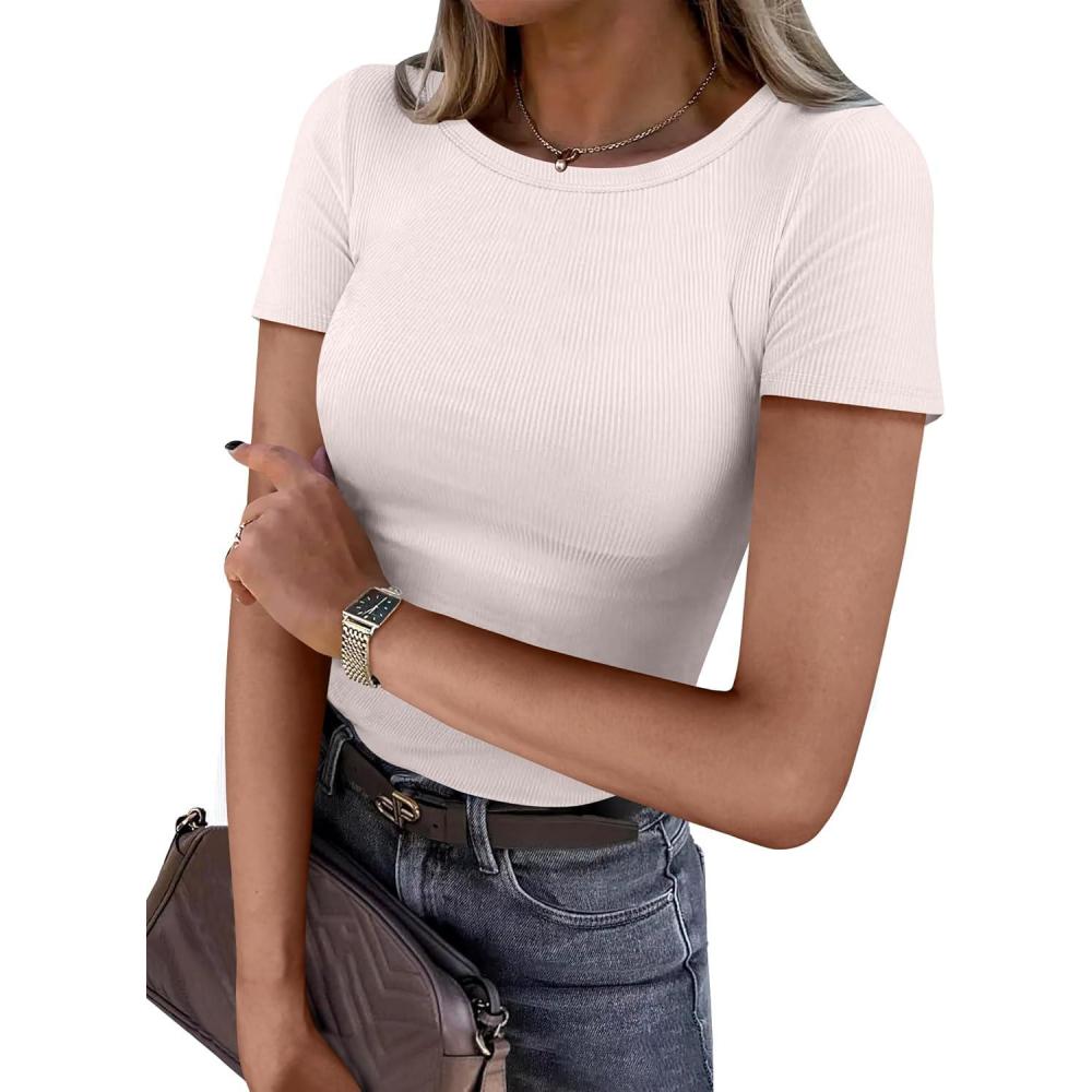 imageANRABESS Women Short Sleeve Crewneck Ribbed Knit Slim Fitted Shirts Summer Tops Basic Tee Casual 2025 Fall Outfits ClothesBeige