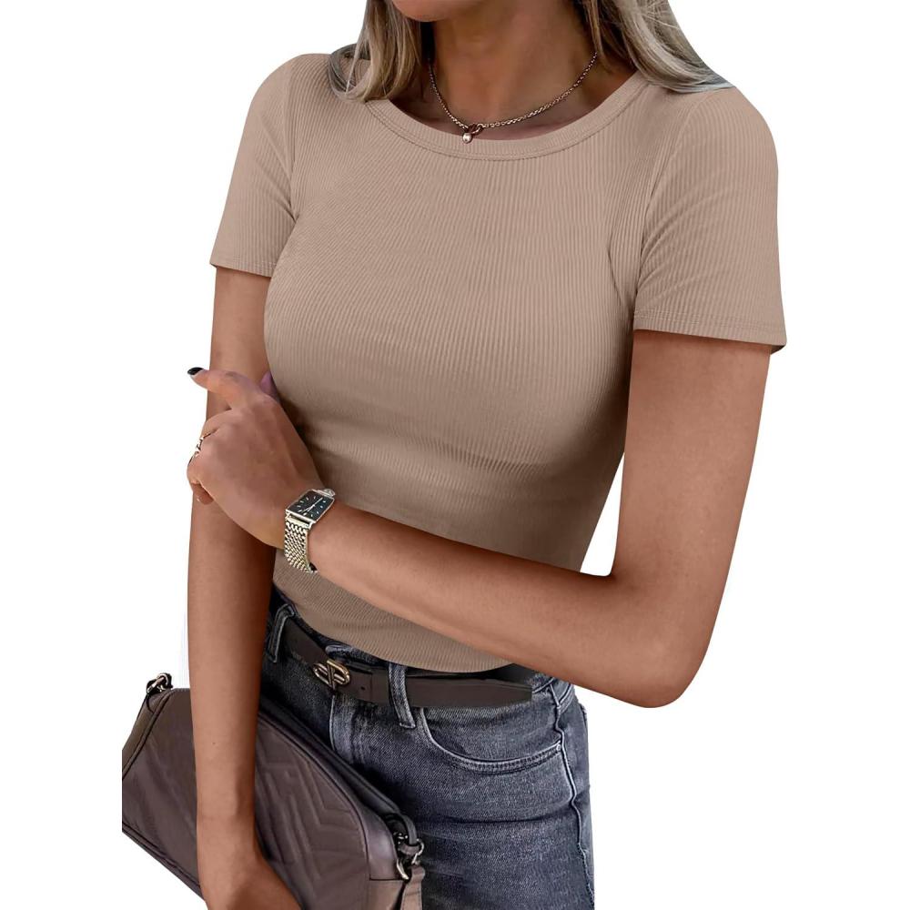 imageANRABESS Women Short Sleeve Crewneck Ribbed Knit Slim Fitted Shirts Summer Tops Basic Tee Casual 2025 Fall Outfits ClothesKhaki