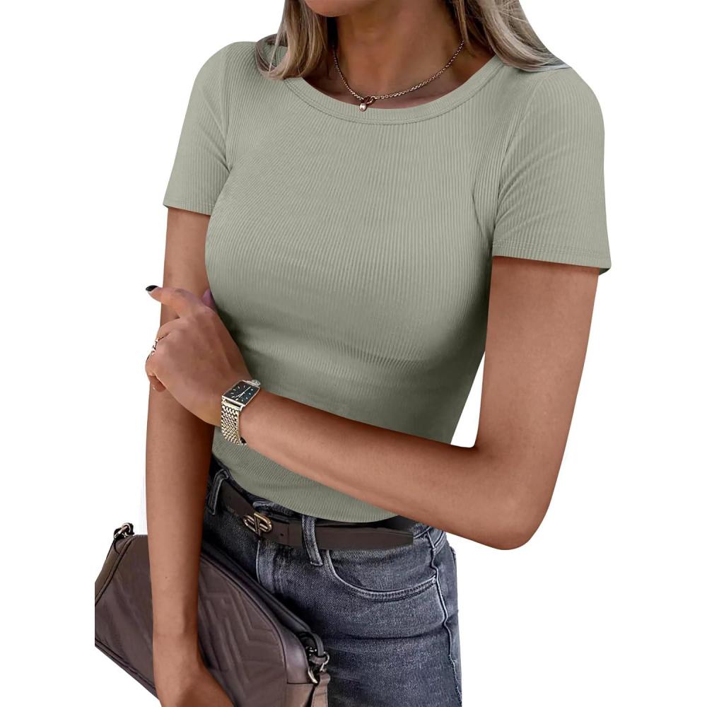 imageANRABESS Women Short Sleeve Crewneck Ribbed Knit Slim Fitted Shirts Summer Tops Basic Tee Casual 2025 Fall Outfits ClothesSage Green
