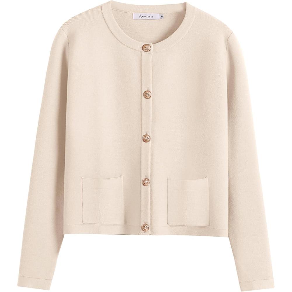 imageANRABESS Women Striped Cardigan Sweaters Button Down Cropped Knit Lady Jackets Coat 2025 Fall Outfits Trendy ClothesApricot