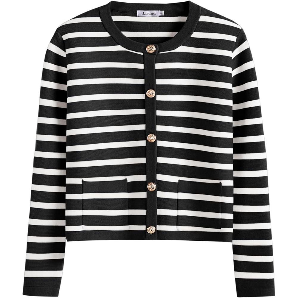 imageANRABESS Women Striped Cardigan Sweaters Button Down Cropped Knit Lady Jackets Coat 2025 Fall Outfits Trendy ClothesBlack White Stripe