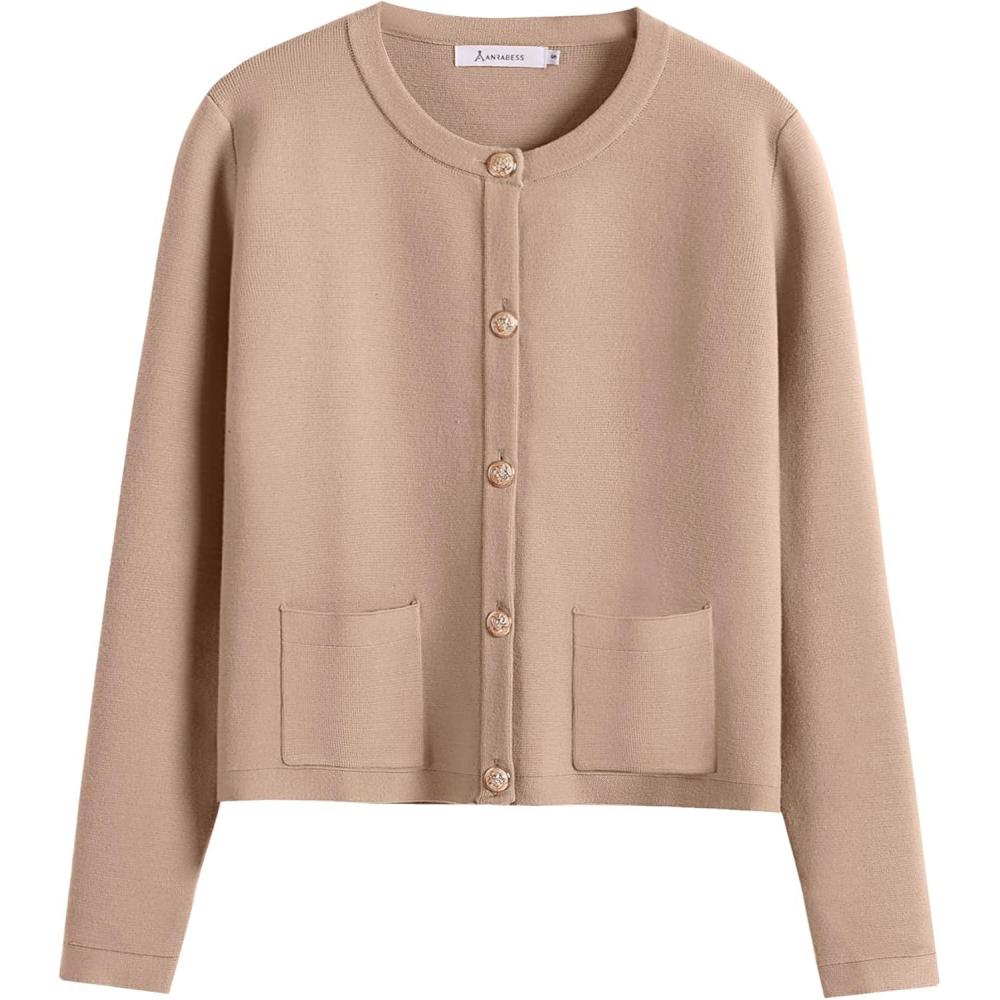 imageANRABESS Women Striped Cardigan Sweaters Button Down Cropped Knit Lady Jackets Coat 2025 Fall Outfits Trendy ClothesKhaki