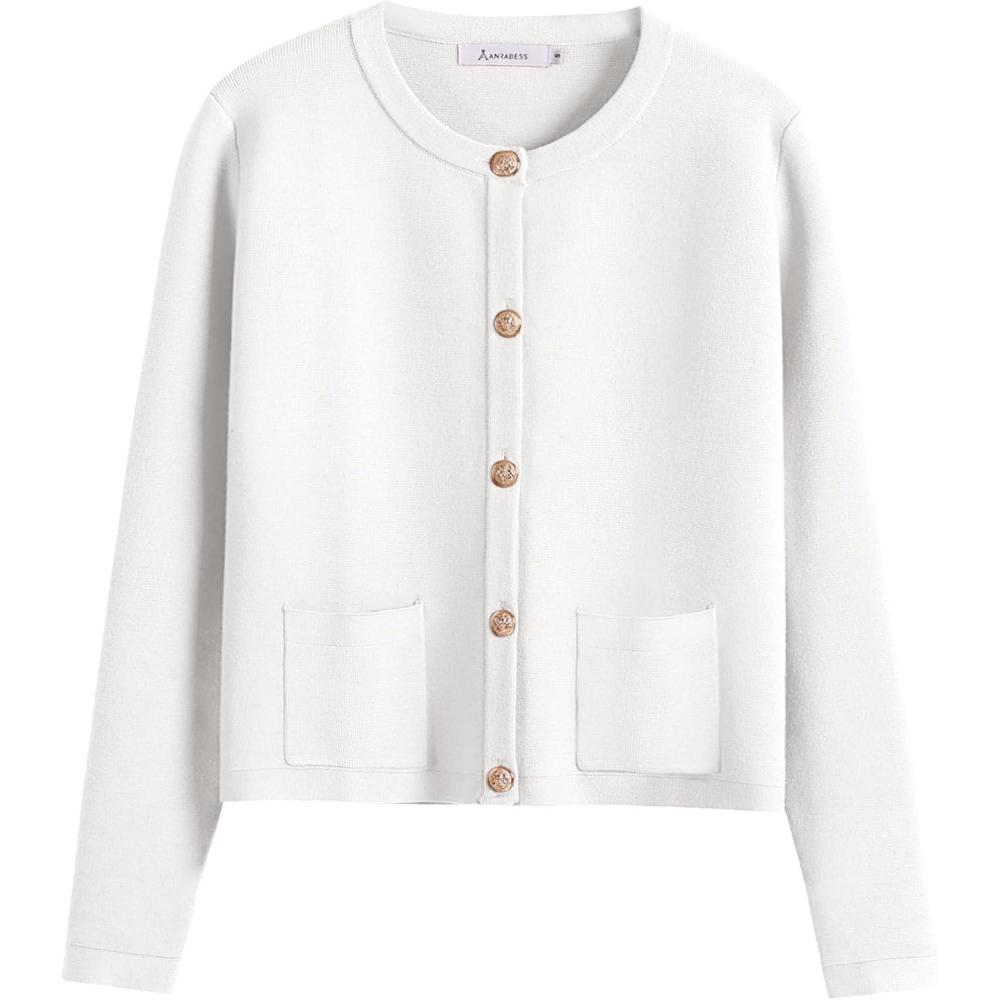 imageANRABESS Women Striped Cardigan Sweaters Button Down Cropped Knit Lady Jackets Coat 2025 Fall Outfits Trendy ClothesWhite