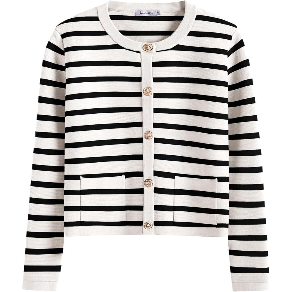 imageANRABESS Women Striped Cardigan Sweaters Button Down Cropped Knit Lady Jackets Coat 2025 Fall Outfits Trendy ClothesWhite Black Stripe