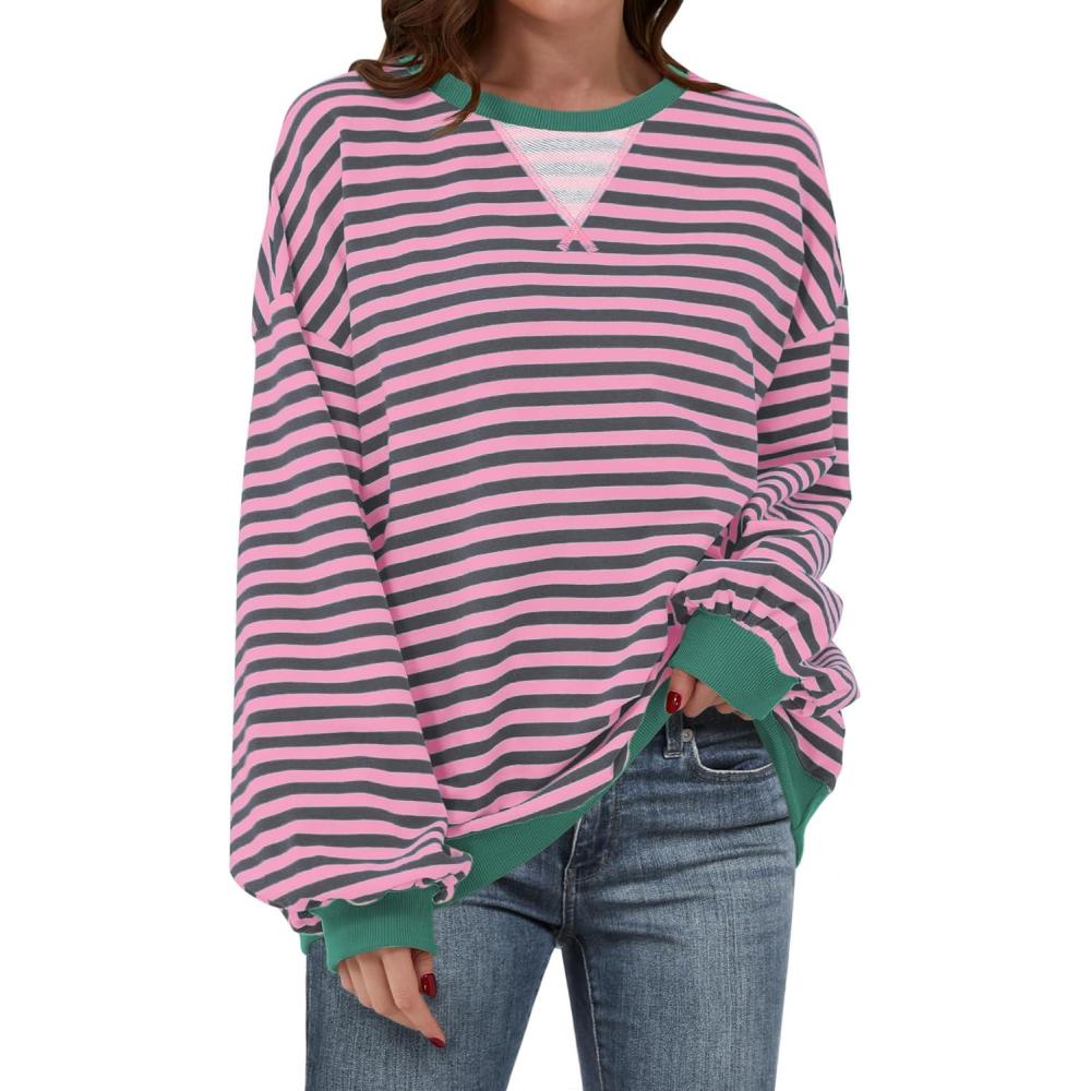imageANRABESS Women Striped Sweatshirts Oversized Crewneck Long Sleeve Shirts Y2K Pullover Top 2025 Fall Outfits Fashion ClothesGrey Pink
