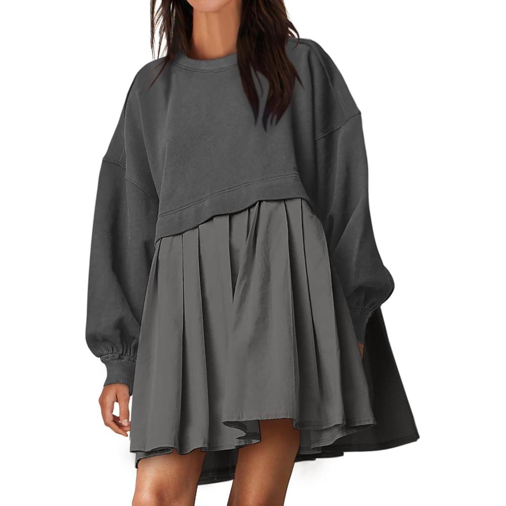 imageANRABESS Women Sweatshirts Dress Oversized Long Sleeve Patchwork Casual Loose Pleated Pullover Mini Dress Fall Outfits 2025Dark Grey